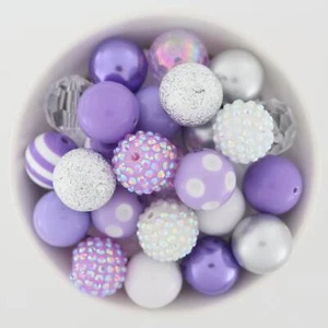 Chunky 20mm Bubblegum Beads, Mixes, Purples White and Silver, for Pens & Crafts - Picture 1 of 15