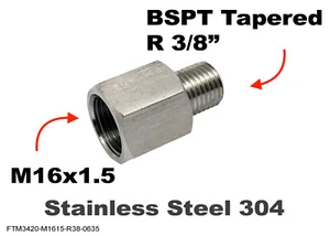 M16x1.5 Female to BSPT Tapered R 3/8" Male Stainless Sensor Adaptor Fittings - Picture 1 of 6