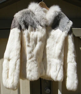 Vintage White & Gray Rabbit Fur Fluffy Jacket Size Large - Picture 1 of 8