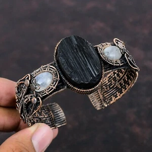 Black Tourmaline Rough Copper Mom Gift Wire Wrapped Adjustable Bangle - Picture 1 of 6