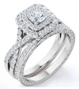 Wedding Ring 18k White Gold Over Silver Double Halo Twisted Band Vintage Like - Picture 1 of 4