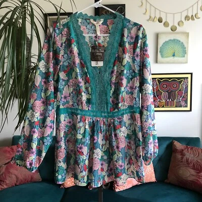 Top MATILDA JANE Talla L Multicolor Floral Punto Suizo Gasa Cucaburra Nuevo con Etiquetas $58 Foto 1 de 4