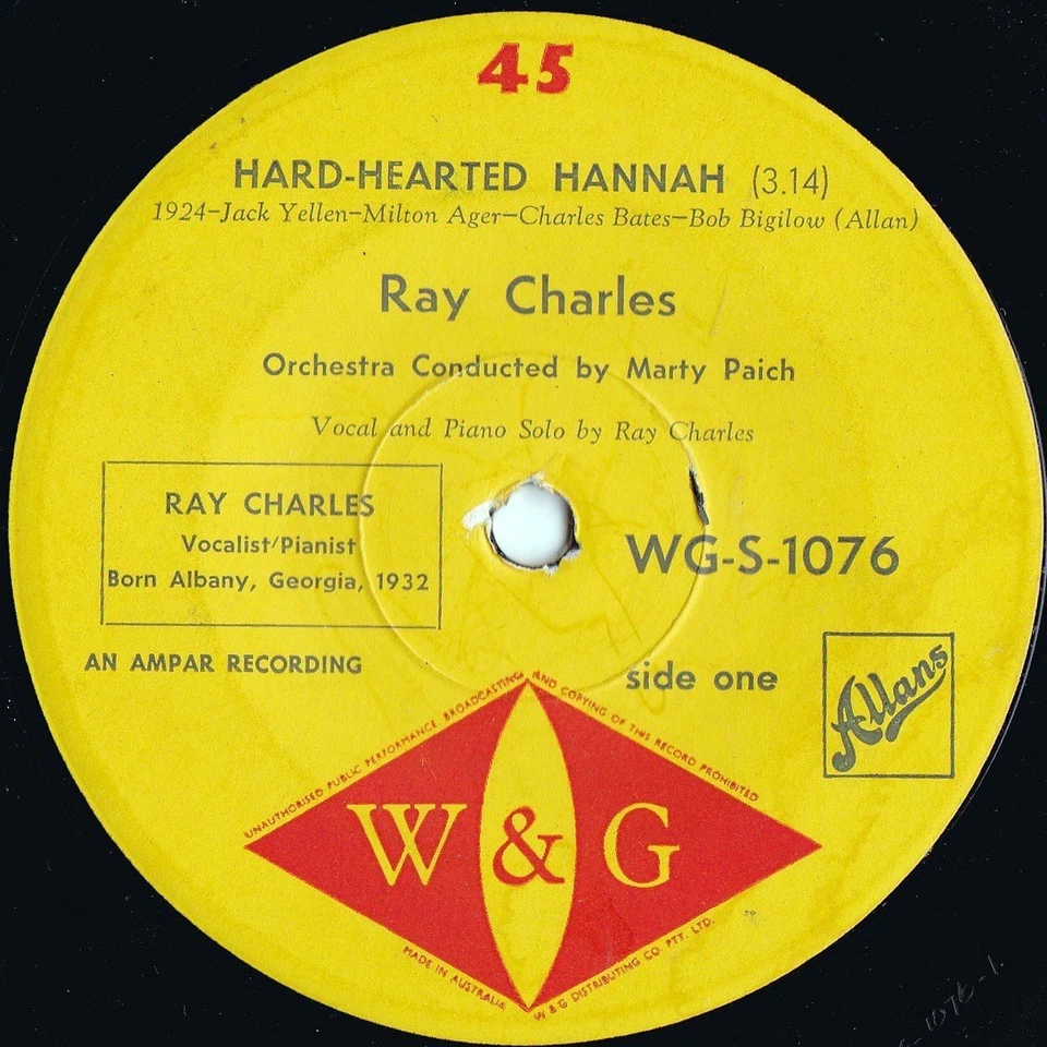 Ray Charles ORIG OZ 45 Hard-hearted Hannah VG+ ’61 W&G WGS1076 Soul Jazz Blues - Image 1 of 1