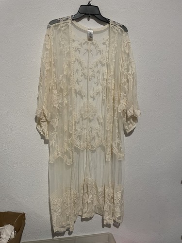 OFF WHITE Cardigan kimono lungo trasparente pizzo bianco sporco beige senza marchio taglia XXL