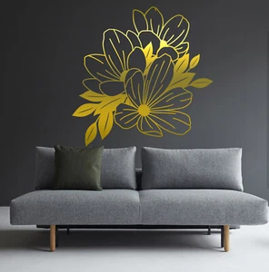 Flower Large Wall Decal Abstract Vinyl Décor Leaves Sticker Floral Gold Line - Picture 1 of 5