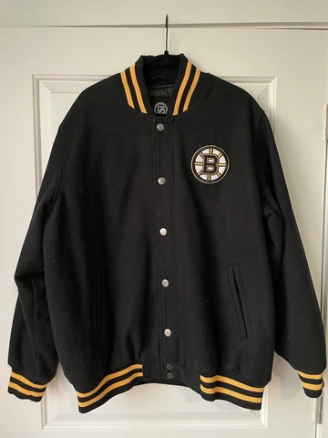 Vintage NHL Boston Bruins Design Wool Jacket Black Embroidered Logo Double Sided Cover