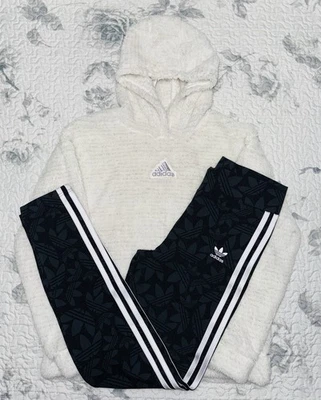 Niñas Adidas Crema/Plateado Sherpa Sudadera con Capucha y Negro Trifolio Leggings Talla/XL (16) Foto 1 de 4