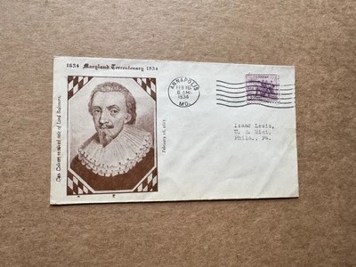 US 1934 Event Cover +Maryland Tercentenary +Lord Baltimore-Calvert Cachet +2/16 - Image 1 of 2