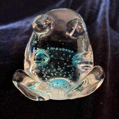 Vintage Blue Glass Frog Paperweight Figurine Bubbles - Image 1 of 4