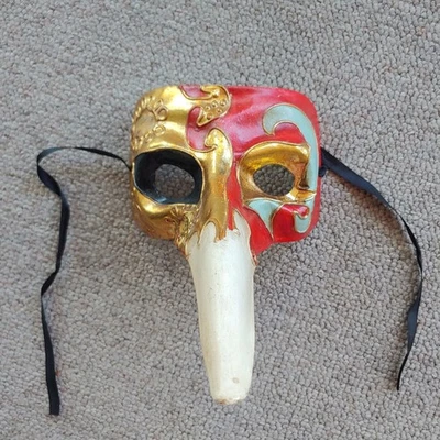 Vtg Venetian Mask Red Black & Gold Plaque Doctor Italy Paper Mache Masquerade - Image 1 of 4