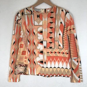 Averardo Bessi Italy Geometric Print Top Sz 8 Long Sleeve Cotton Beige Orange - Picture 1 of 13