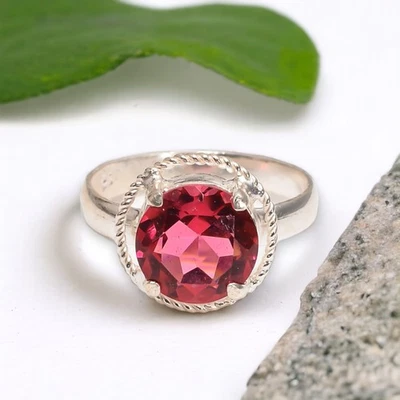 Round Pink Tourmaline Stone 925 Silver Promise Ethnic Dainty Ring Jewelry US 8 - Image 1 of 4