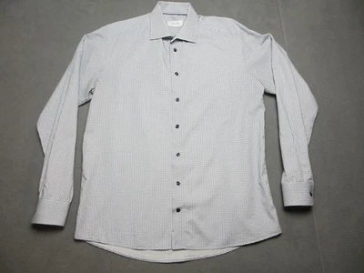 Camisa masculina Eton 17 43 XL fina azul branca geométrica botão manga longa - Imagem 1 de 4