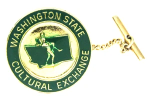 Gold Washington State Cultural Exchange Tie Pin Tack Green Enamel Round Jewelry - Picture 1 of 3