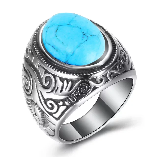 Stainless Steel Oval Ring With Turquoise Men Size 7 to 13 Foto 1 de 1