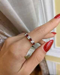 1.52 Ct Round Natural Ruby & Diamond Wedding Eternity Band 14K White Gold Ring - Picture 1 of 6