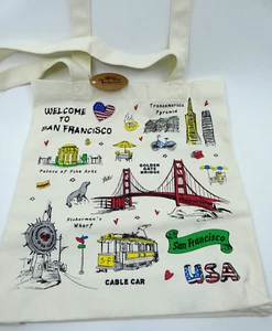 San Francisco Motto wiederverwendbare Canvas Beuteltasche Tasche ikonische Orte Größe 14" x 13" x 4" - Bild 1 von 7