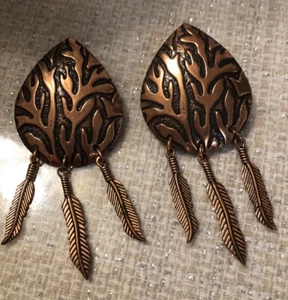 Vtg Earrings Navajo Copper Pierced Dangle 3 Feathers - Picture 1 of 5