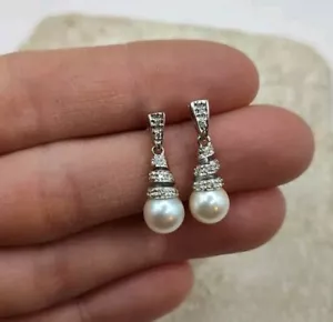 Orecchini pendenti vintage firmati oro bianco 14 kt diamanti spirale perle - Foto 1 di 9