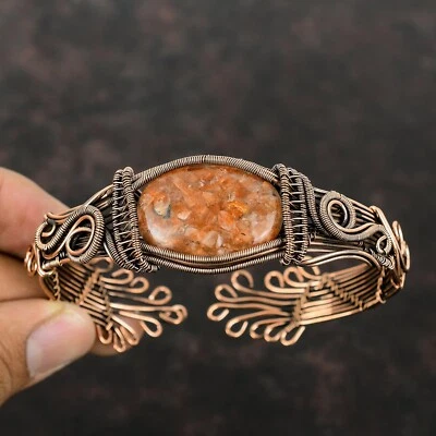 Brazalete ajustable envuelto en alambre Sunstone hecho a mano diseñador de cobre Foto 1 de 4
