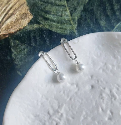 Dew 6mm Shell Pearl Oval Link Drop Earrings Sterling Silver 925 20mm - Image 1 of 4