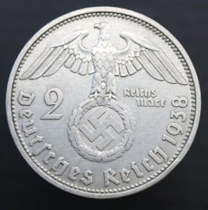 2 Reichsmark 1938 D - Alemania Tercer Reich moneda de plata con esvástica - #R856 - Imagen 1 de 5