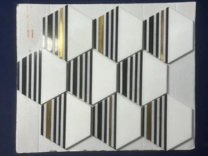 S6 Carrara White Black Golden Marble Hexagon Mosaic Tile Kitchen Bathroom 7 pcs - Picture 1 of 4