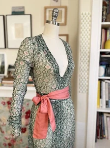 Doen DÔEN 30s style green floral silk chiffon plunge neck ruffle maxi dress XS - Picture 1 of 23