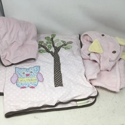 Pottery Barn Kids Pink Owls Blanket Pink Chickie Hooded Towel + Pink Change Pad - Image 1 of 4
