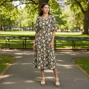 Moon River Black Floral Print Puff Sleeve with Halter Midi Dress NWT Size Small - Picture 1 of 10