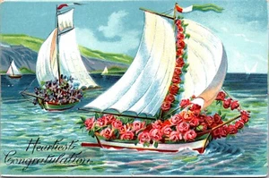 Herzlichster Glückwunsch geprägtes Segelboot Postkarte - Bild 1 von 2