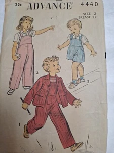 Bib Overalls Jacket Blouse Shorts 2 2T Advance 4440 Sewing Pattern Cut VTG 50s - Picture 1 of 7