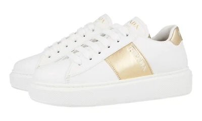 Tenis con plataforma MACRO de cuero PRADA - 1E223M oro blanco NUEVOS - US 5 EU 35 Foto 1 de 4