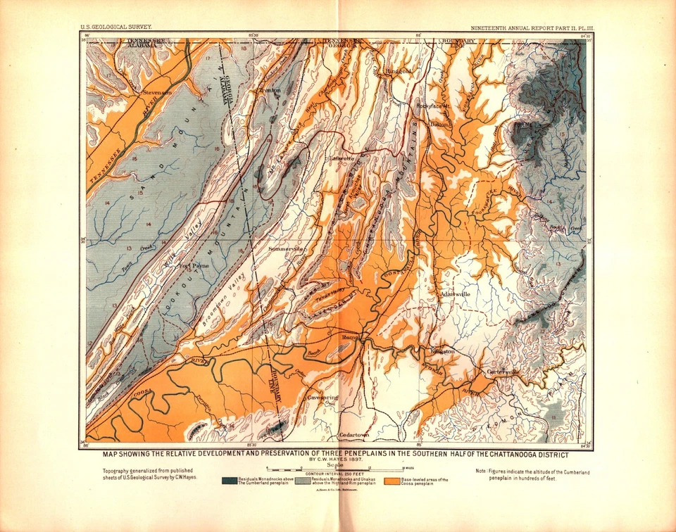 Mapa geográfico antiguo de ALABAMA, GEORGIA, MEDIO SUR DISTRITO DE CHATTANOOGA de 1897 Foto 1 de 1