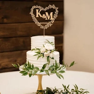 Custom Initials Wedding Cake Topper Rustic Wooden Personalised Anniversary Decor - Picture 1 of 5