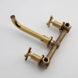 Gold Wandmontage 3 Loch Wanne Waschbecken Mixer Wasserhahn Waschtischspüle 2 Griffe Messing Wasserhähne - Bild 1 von 9