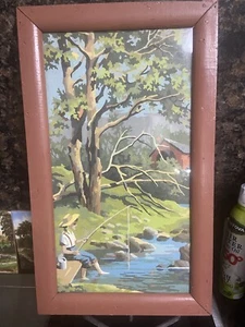 Vtg 50-60’s Paint By Number Boy Fishing With Covered Bridge Framed-12” x 20” - Picture 1 of 7