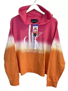 Calvin Klein Jeans Women's XXL Pink Tie Dye Hoodie CK Logo Crop Top Sweatshirt - Picture 1 of 6