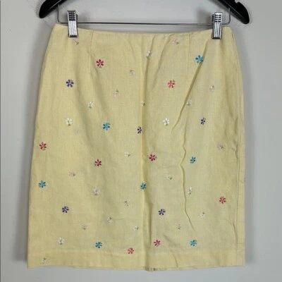Falda amarilla Talbots bordada flor mezcla lino talla 8 Foto 1 de 4