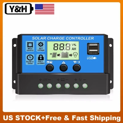 Y&H 30A 10A PWM Solar Charge Controller 12V/24V Battery Regulator LCD Display USB