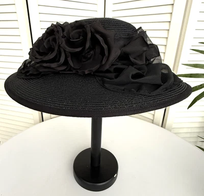 Louise Green Wide Brim Black Floral Embellished Straw Hat Vintage 90's w/Box - Image 1 of 4