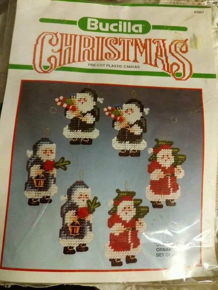 Vintage Bucilla Christmas Plastic Canvas  61087 6 Oldtime Santas Ornaments - Image 1 of 2