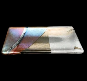 Fused Art Glass Tray Iridescent Geometric Retangular Plate Signed Gaya 91 - Picture 1 of 23