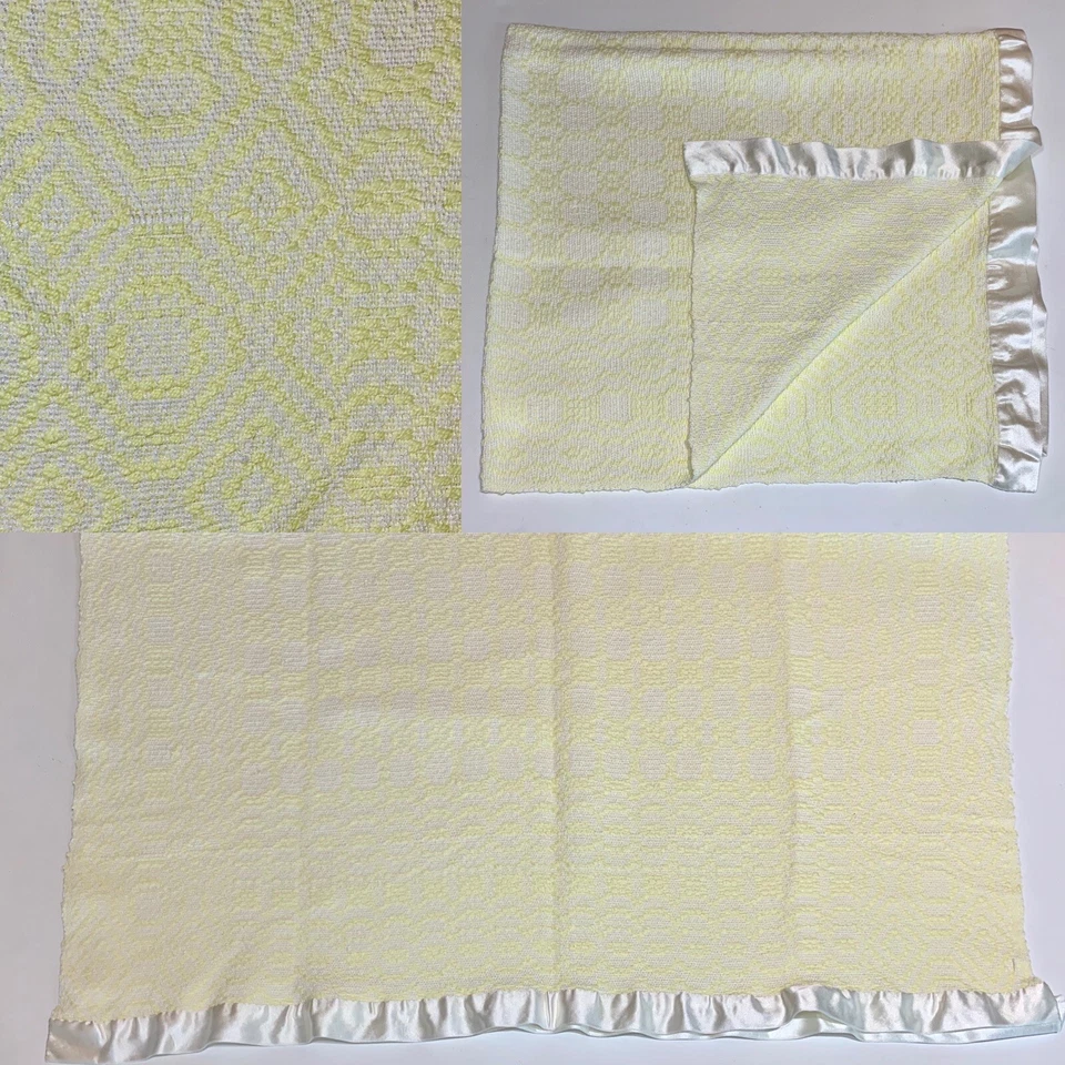 Vintage Woven Retro Baby Blanket Yellow White Satin Trim  - Image 1 of 4