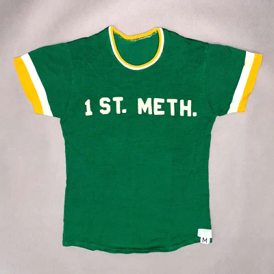 Vintage Rare 1940s FIRST METH T SHIRT Sportswear Temples Moline Illinois WW2 S - Image 1 of 4