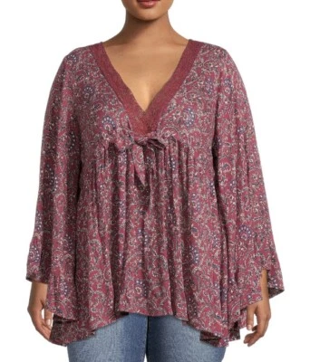 ❤️Romantic Gypsy Bohemian Kimono 3X Plum Floral Print Lace Trim NWT - Image 1 of 4