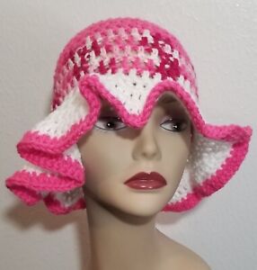 Crochet Bucket Hat Ruffle Brim Handmade Pink & White Acrylic Yarn Adult Fashion