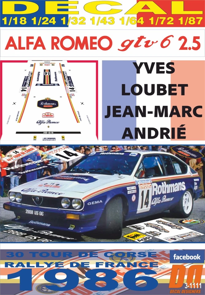 DECAL ALFA ROMEO ALFETTA GTV6 Y.LOUBET TOUR DE CORSE 1986 3rd (08) - Image 1 of 1