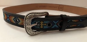 Tombstone Embroidered Black South Western Belt Silvertone Etched Buckle Size 12 - Picture 1 of 7