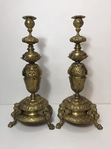 Pair of French Bronze Brass Candlesticks Holders, 16" Tall x 7" Widest - Picture 1 of 12